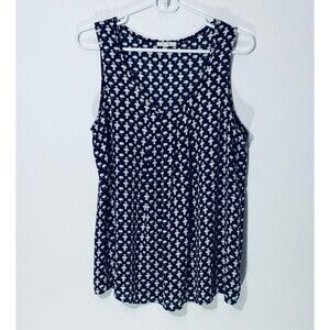 Pleione Tank Top Blouse Navy/Cream Geometric Pattern Pleated flowy